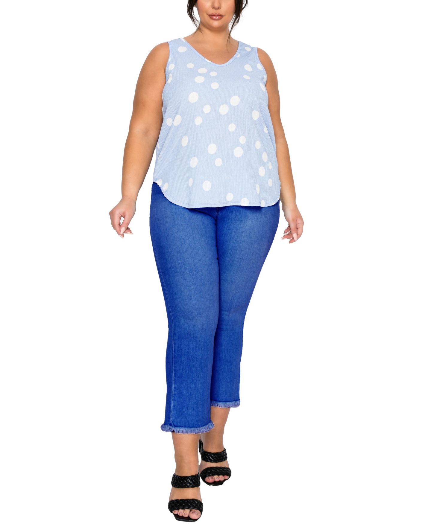 Женский топ COIN 1804 Plus Size Polka Dot Crinkle Knit Double V-Neck, цвет: Синий / Слоновая кость — фото 2