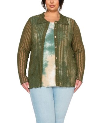 Plus Size Vertical Floral Stripe Lace Button Front Shirt