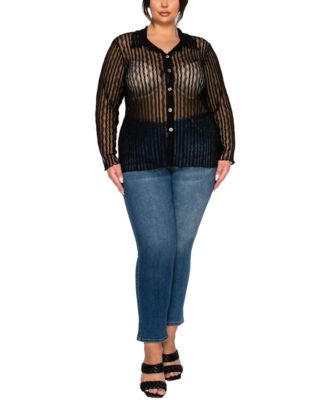 Plus Size Vertical Floral Stripe Lace Button-Front Shirt