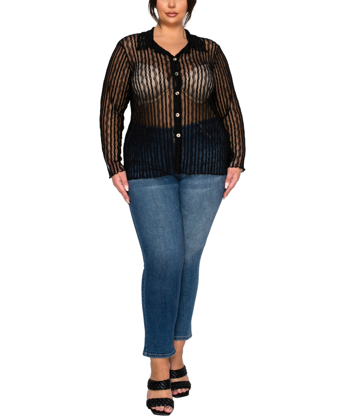 Coin 1804 Plus Vertical Floral Stripe Lace Button Front Shirt