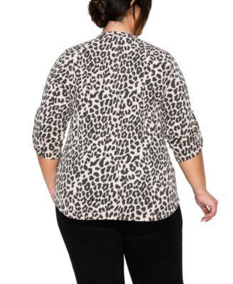 Plus Size Animal Double Knit 1 Button Henley 3/4 Sleeve Top