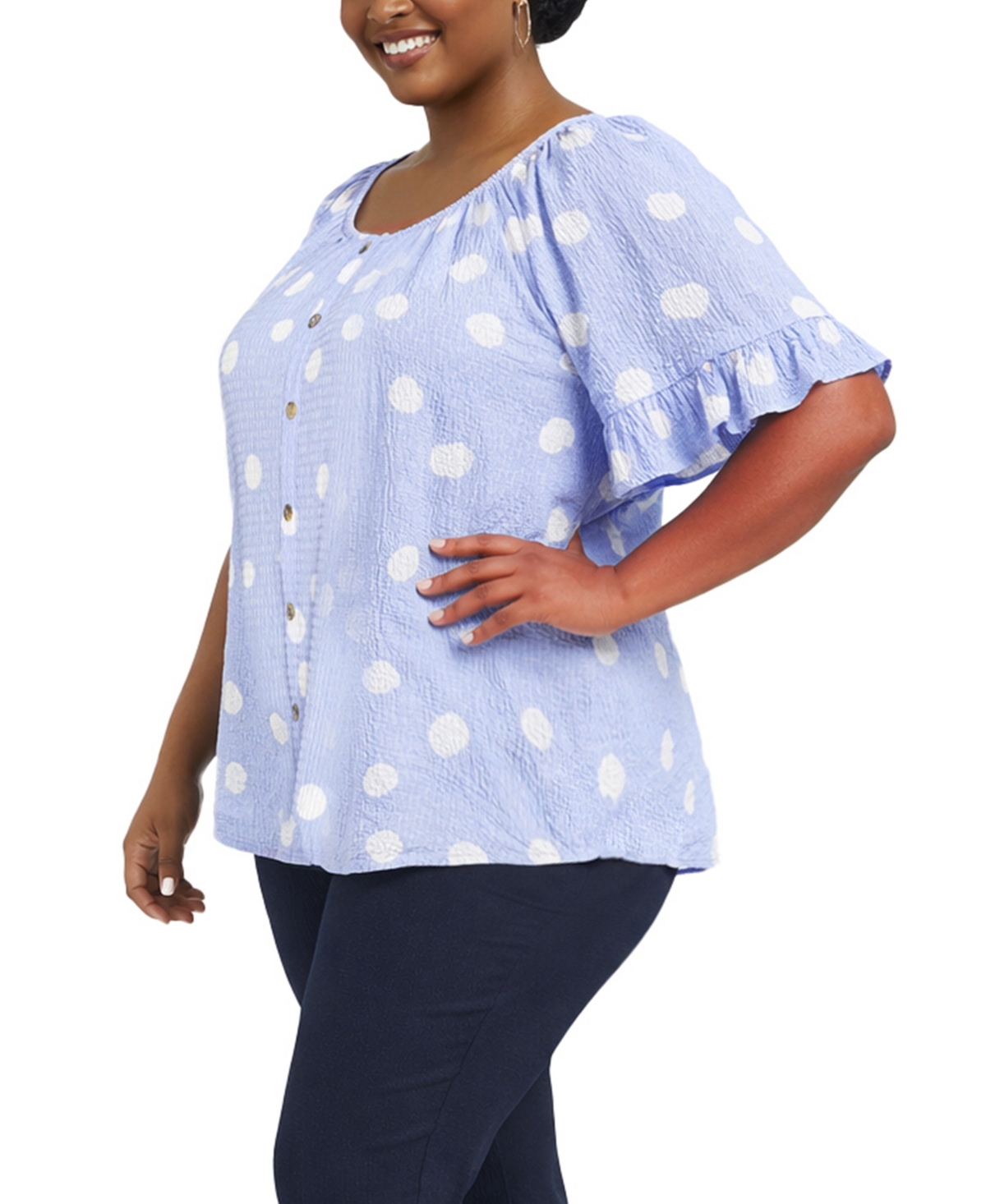 Coin 1804 Plus Polka Dot Crinkle Knit Button Front Ruffle Sleeve