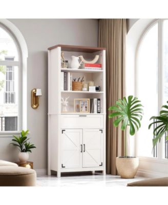 72" Tall Farmhouse Bookshelf with Barn Doors – Freestanding Bookcase with Storage Cabinet, Adjustable Shelves, Wood Display Shelves for Bedroom