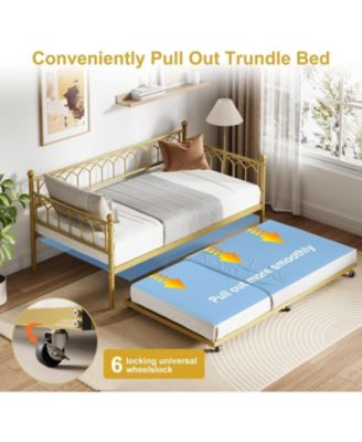 Twin Daybed with Pull-Out Trundle, LED Lights & Charging Station, Metal Sofa Bed,