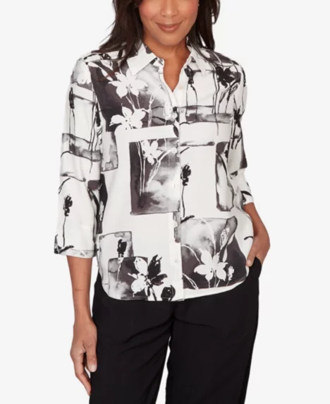 Petite Crowd Pleaser Floral Patchwork Button-Front Top - Black/White