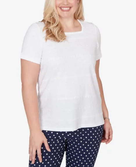 Petite Port Side Layered Dot Square Neck T-Shirt - White