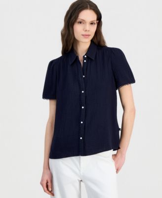Women's Cotton Bobble-Trim Short-Sleeve Shirt 
