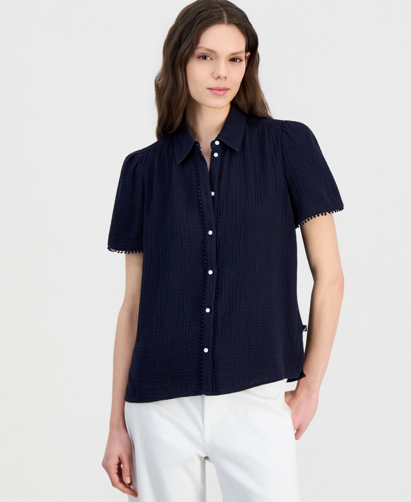Женская рубашка Nautica Cotton Bobble-Trim Short-Sleeve, цвет: Ночной небесно-голубой — фото 1