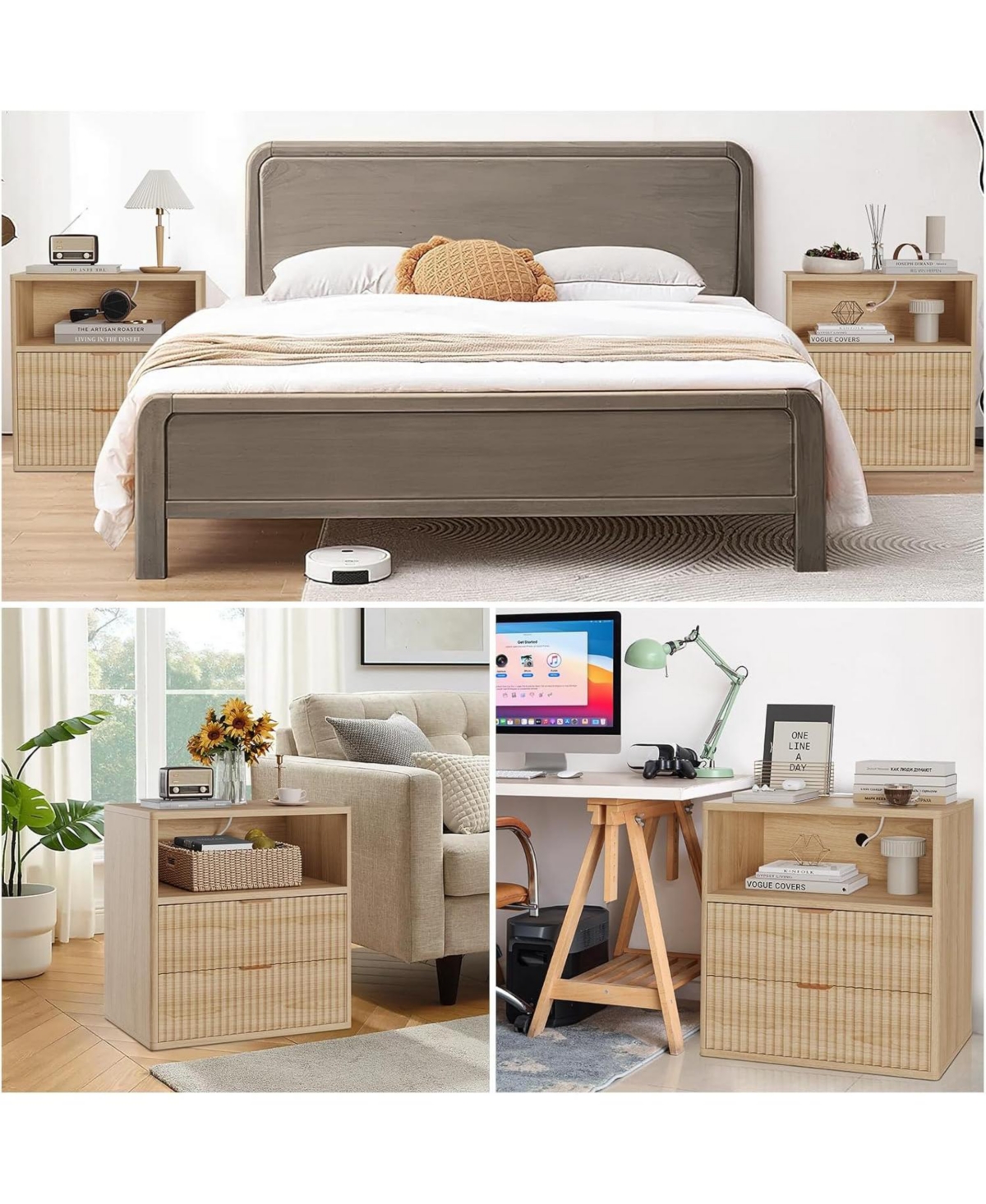 Gaomon Fluted Farmhouse Night Stand with Charging Station, 23" Mid-Century Modern Nightstand, 2 Drawers End Table