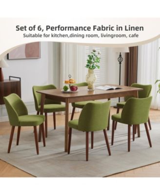 Dining Chair Set of 6, Linen Upholstered Dining Chair with Wood Legs, Wing Backrest, Wooden Kitchen Chair, Kitchen Chairs with Thick Cushions