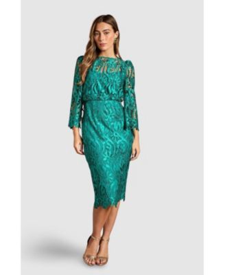 Women's Satin Lace Boat Neck Midi Dress