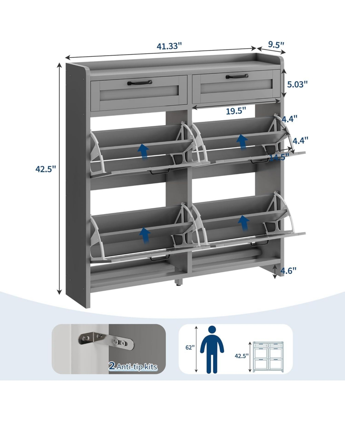 gaomon Shoe Cabinet with 4 Flip Drawers & 2 Top Drawers, Wooden Shoe Organizer Cabinet, Adjustable Shelf, Freestanding Entryway Shoe Storage