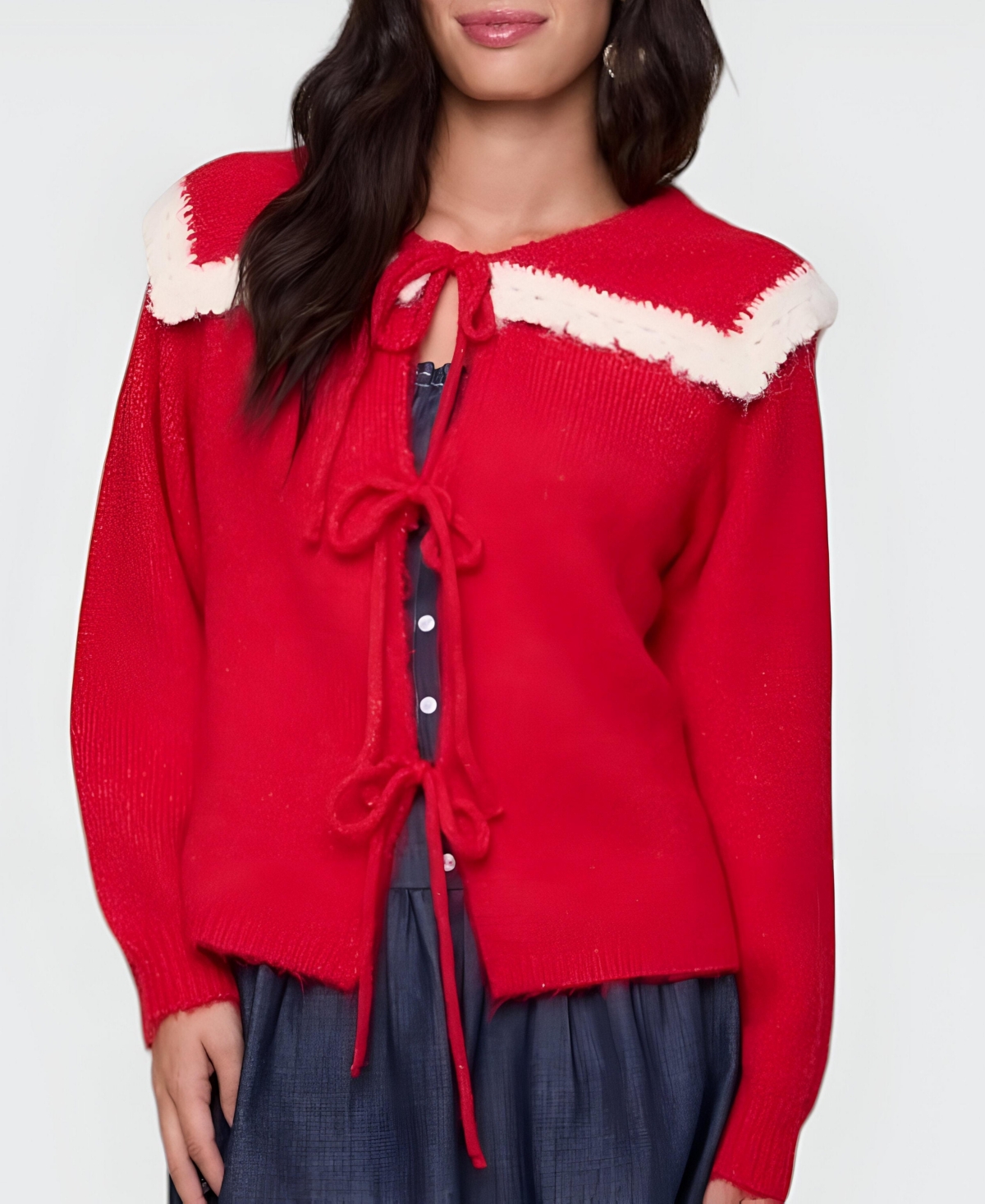 Modenaire Women's Ruffle Collar Tie-Front Knit Sweater