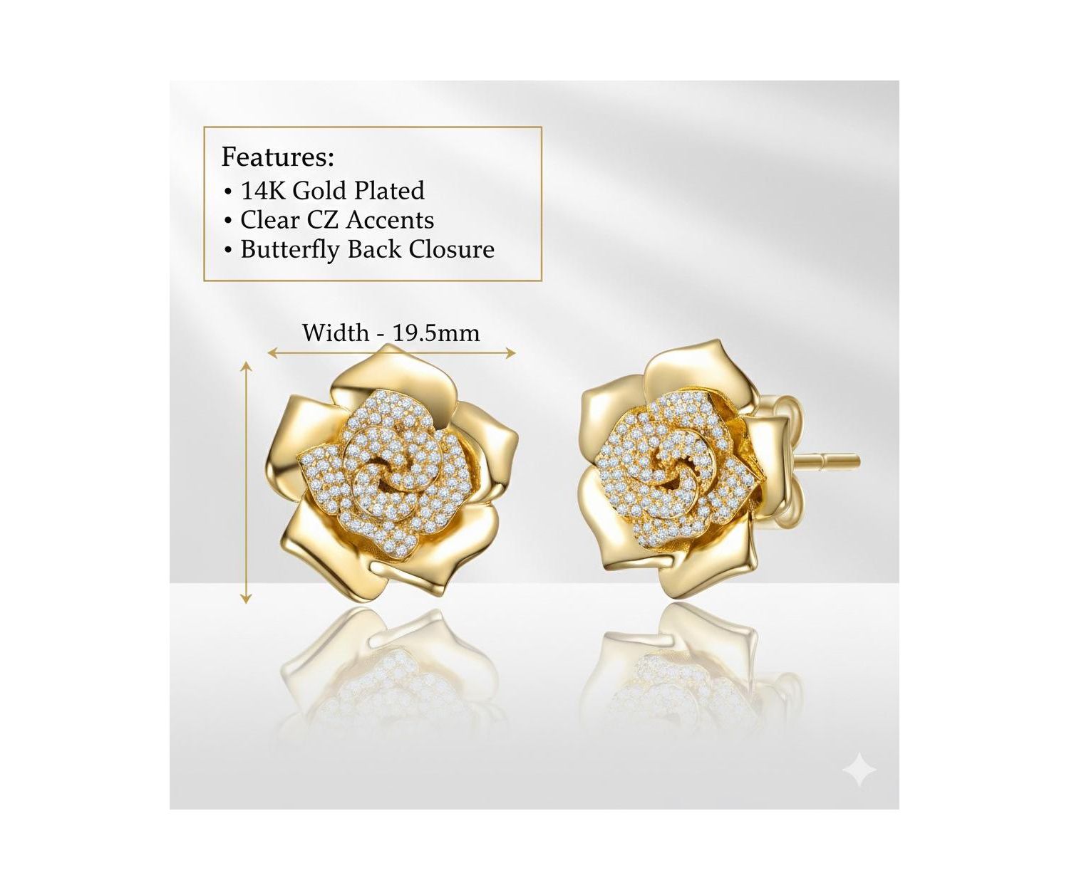 14K Gold Plated CZ Big Heavy Flower Statement Earrings
