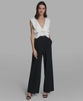 Women's Sleeveless Mixed Media Bow Bodice Jumpsuit