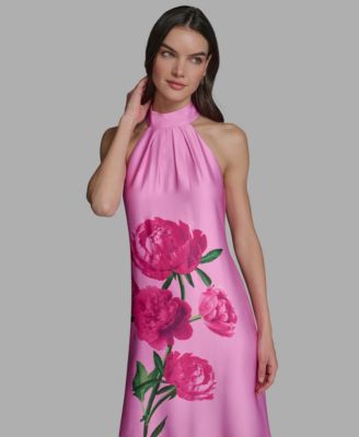 Women's Sleeveless Floral Peony Halter Neck Midi Dress