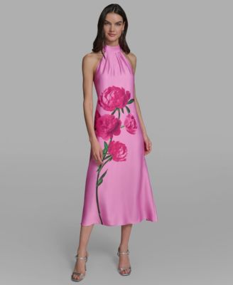 Women's Sleeveless Floral Peony Halter Neck Midi Dress
