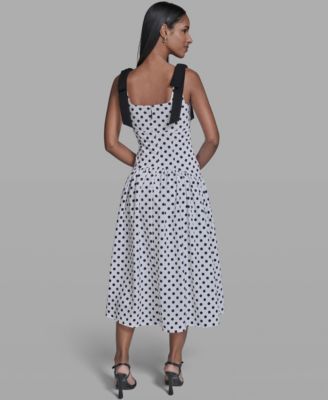 Women's Sleeveless Polka Dot Bow Strap Midi Dress