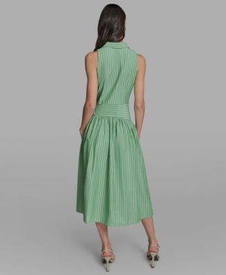 Women's Stripe Shirting Button-Down Sleeveless Midi Shirtdress