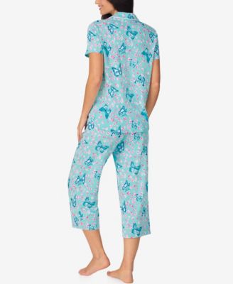 Women's Cropped Notch Collar Pajama Top and Pants, 2-Piece Set