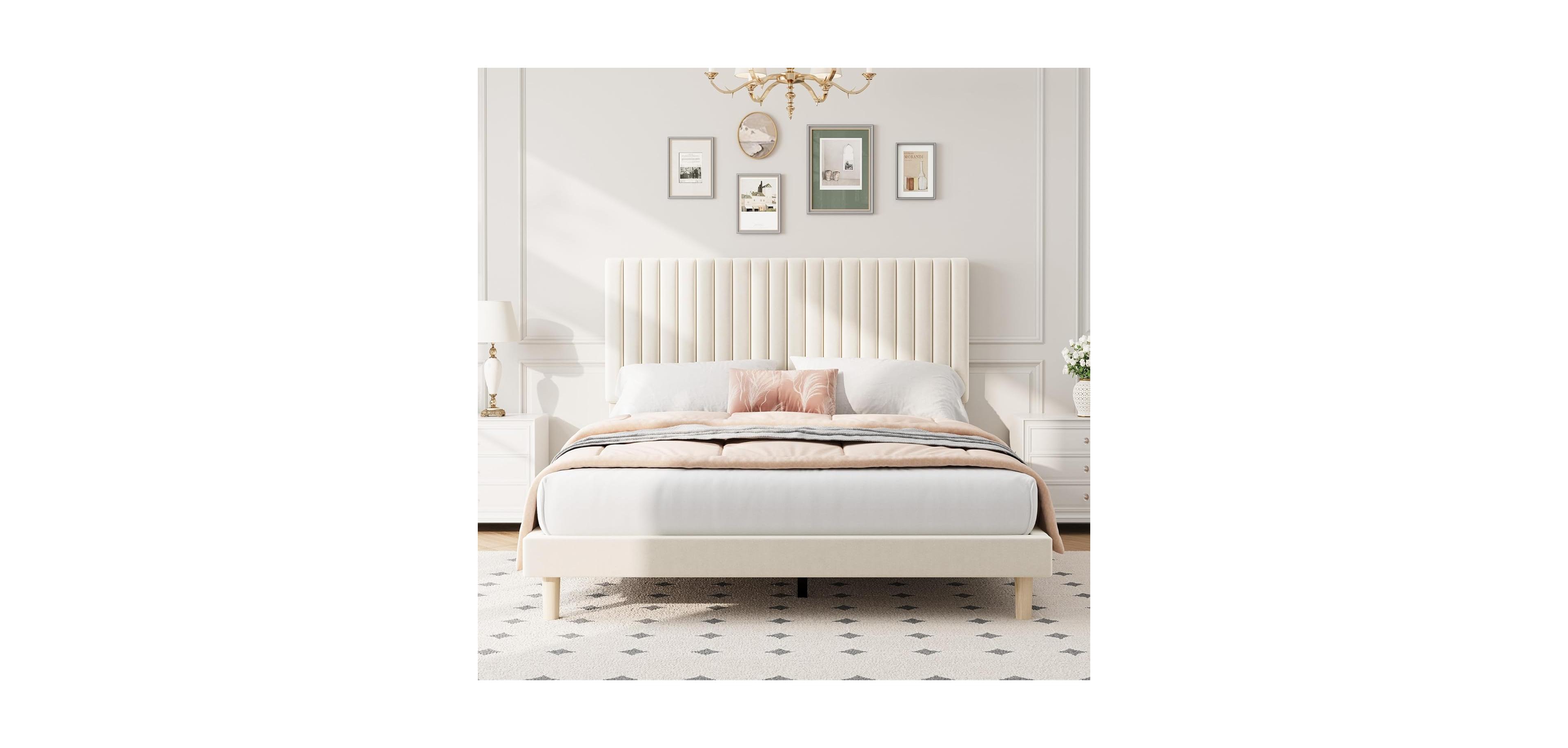 gaomon Wooden Platform Bed Frame with Storage Headboard & Raised Footboard