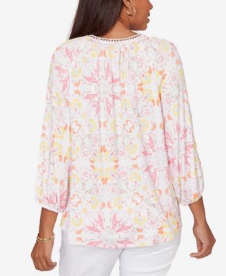 Plus Size Tapestry Print Drawstring Peasant Top