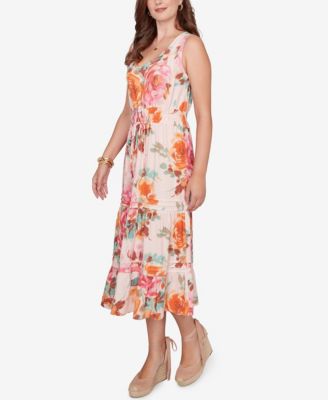Plus Size Drawstring Waist Floral Linen Tiered Dress