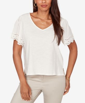 Plus Size Eyelet Poplin-Sleeve Slub Knit Top