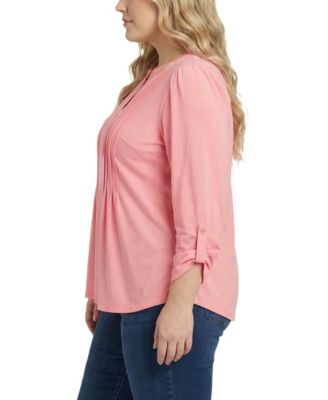 Plus Size Long-Sleeve Pleat Front Roll Tab Top