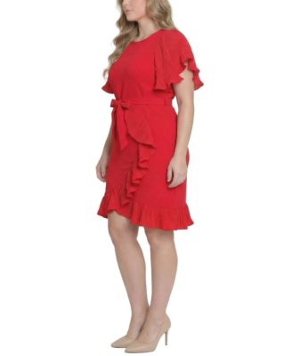 Plus Size-Short-Sleeve Pleated Ruffle Dress