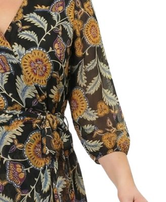 Plus Size 3/4 Sleeve V Neck Belted Chiffon Dress