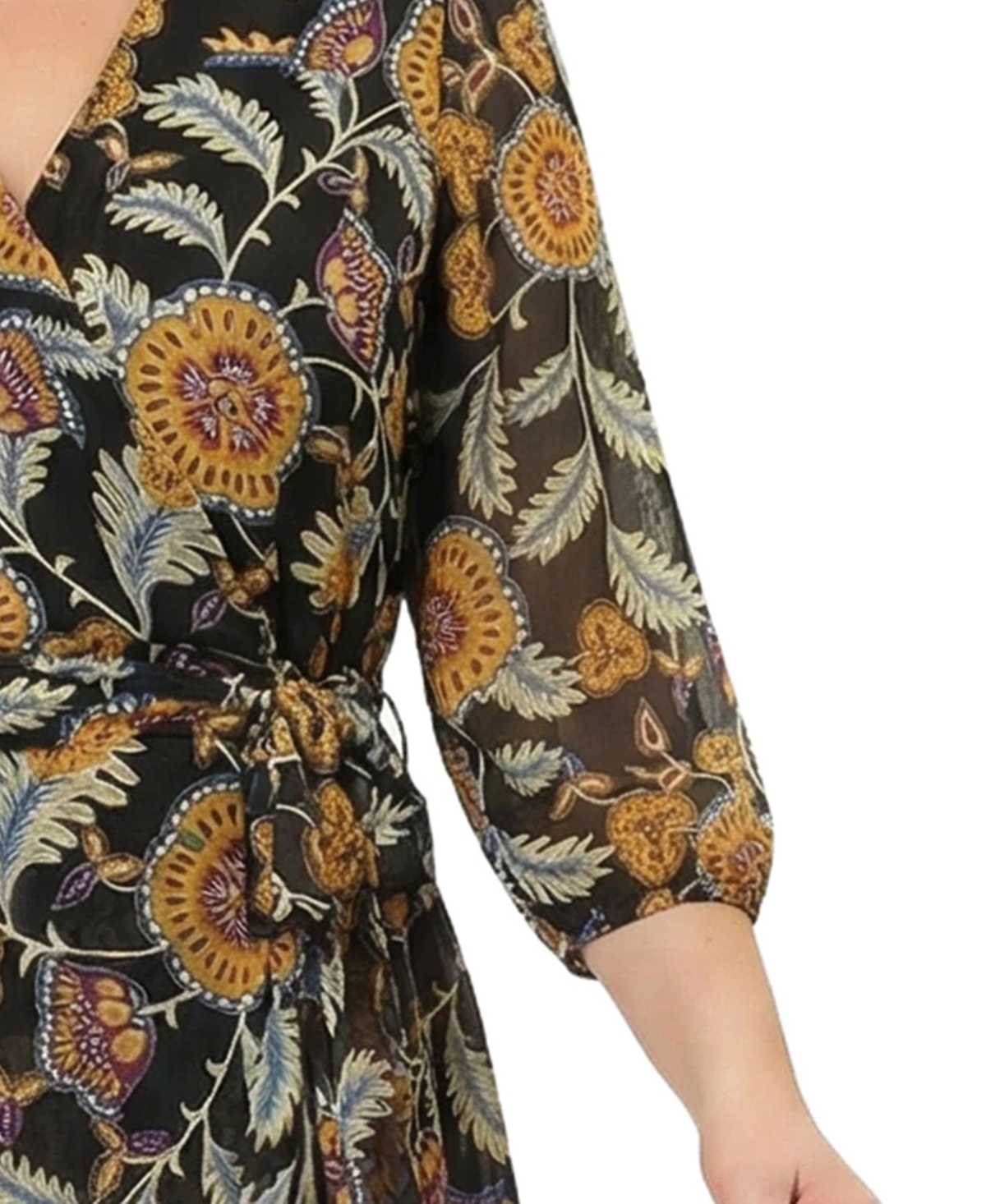 Ny Collection Plus 3/4 Sleeve V Neck Belted Chiffon Dress