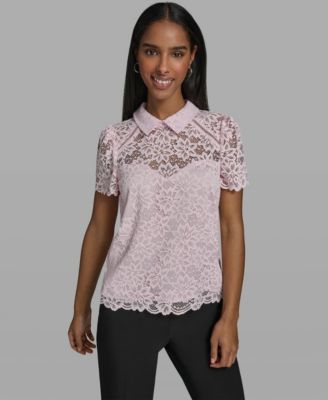 Women's Short-Sleeve Floral Lace Woven Blouse
