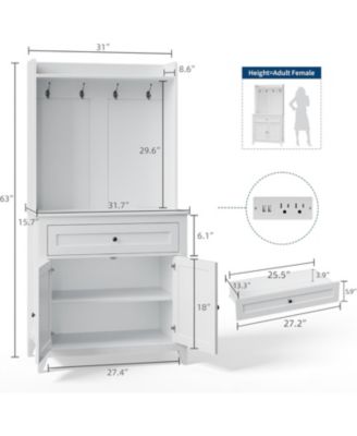 63" Pantry Cabinet, Kitchen Storage with Charging Station, Coffee Bar Table with Drawer, Hooks & Adjustable Shelves for Living Room