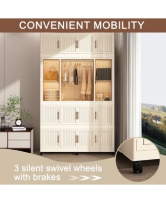 Portable Wardrobe Closet with Magnetic Doors, 4 Cubes, Hanging Rod & 10 Hangers