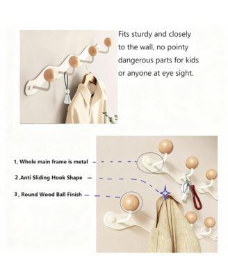 Heavy Duty Metal & Wood Coat Hooks Wall Mount, 6-Tri Hooks, Adhesive & Screw In-2pack