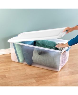 106 Qt Clear Plastic Stackable Storage Bin w/ White Latch Lid, 12 Pack