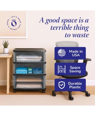 Tall Solid Plastic 3 Drawer Medium Storage Cart with Wheels, Black (2 Pack)