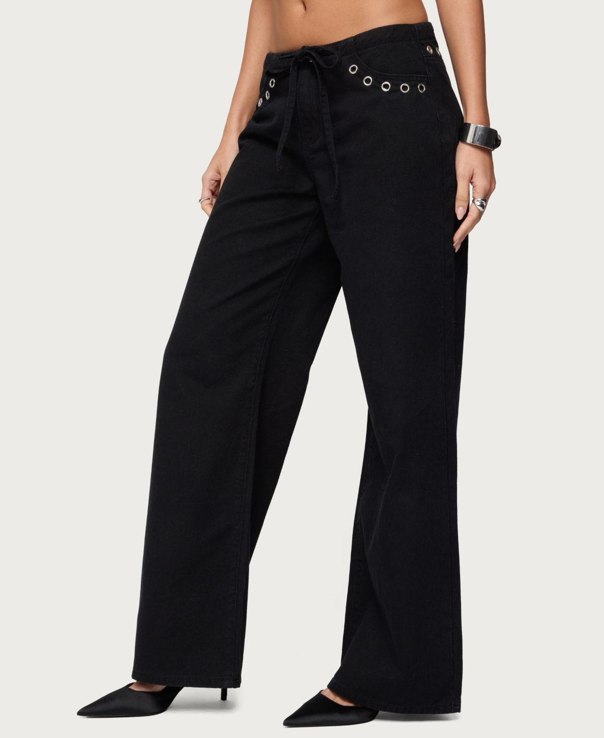 Edikted Womens Grommet Tie Waist Low Rise Jeans