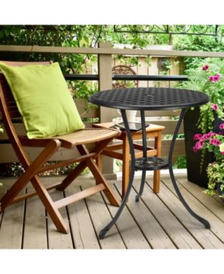 Round Patio Bistro Table, Outdoor Cast Aluminum with Iron Frame, Umbrella Hole, Balcony, Backyard