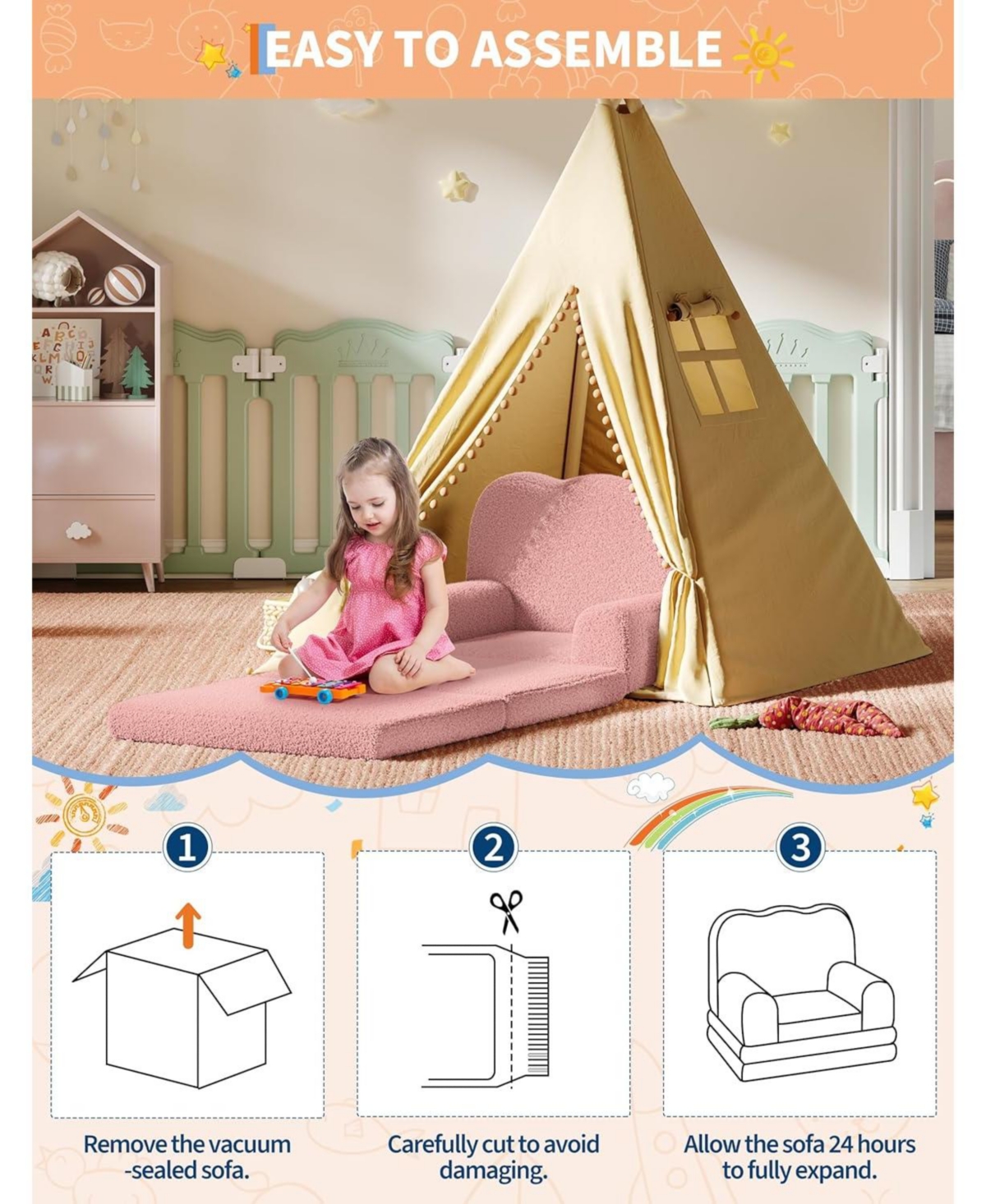 gaomon Kids Couch, 2-in-1 Comfy Toddler Couch Fold Out, Convertible Sofa to Lounger Foam Kids Chair with Soft Sherpa