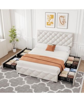 Bed Frame with 4 Storage Drawers, Faux Leather Upholstered Platform Bed Frame with Adjustable Headboard