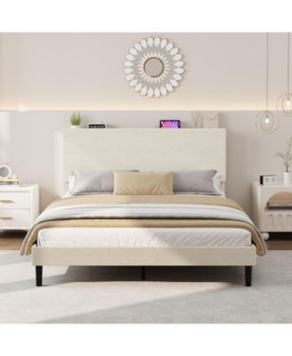 Queen Bed Frame with Charging Station, Corduroy Upholstered Platform Bed with Headboard Shelf, Wooden Slats, Noise Free, Easy Assembly