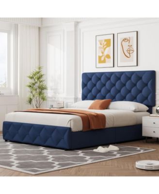 Bed Frame with 4 Storage Drawers, Linen Upholstered Platform Bed Frame with Adjustable Headboard