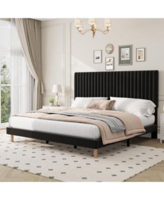 King Size Velvet Bed Frame, Vertical Channel Tufted Headboard, Height Adjustable, Upholstered Platform Bed, No Box Spring Needed