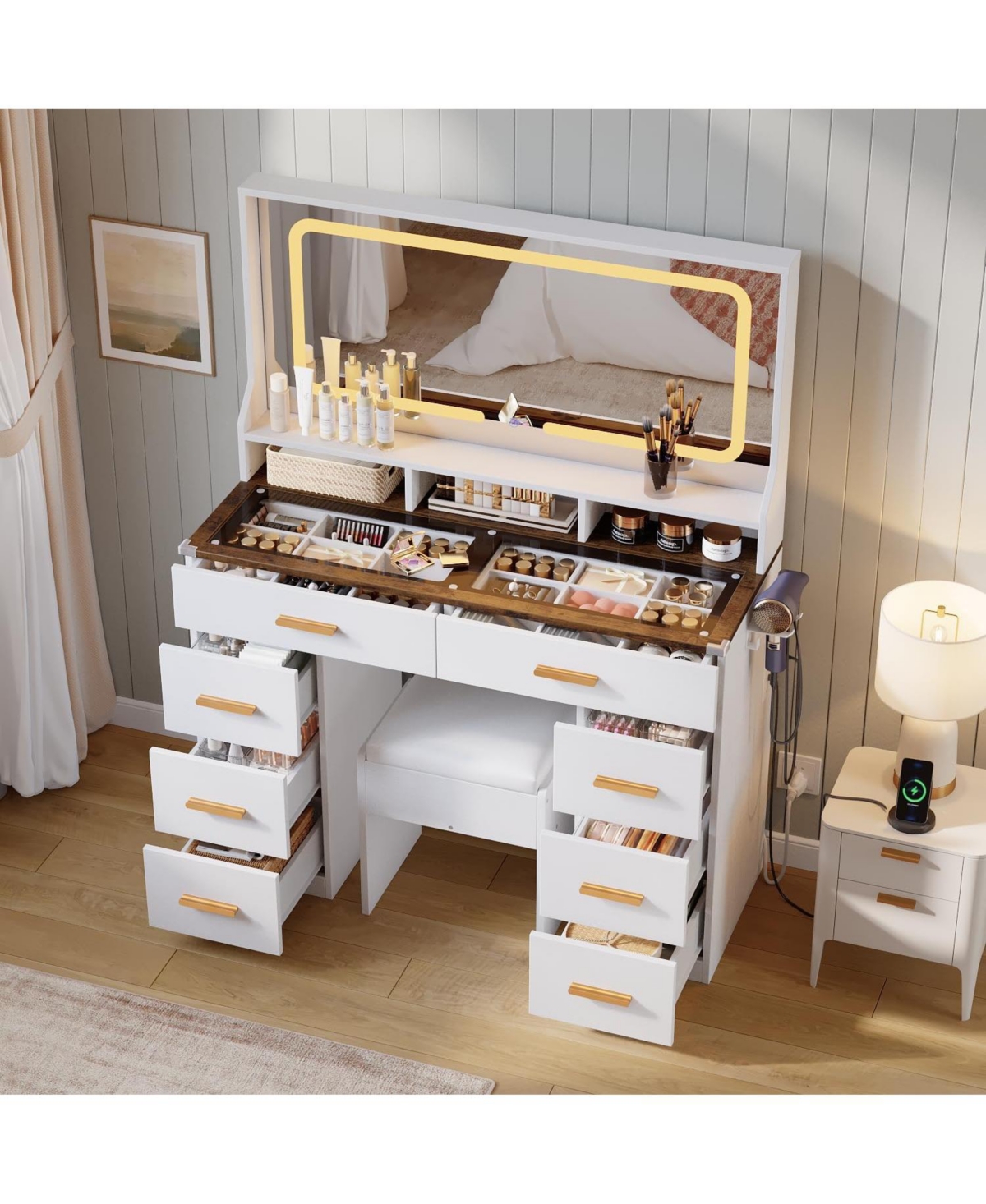 gaomon 42" Led Makeup Vanity Desk with Large Mirror, 8 Drawers & Charging Station, Modern Dressing Table Glass Top, Storage Stool