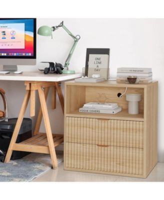 Fluted Farmhouse Night Stand with Charging Station, 23" Mid-Century Modern Nightstand, 2 Drawers End Table, Wood