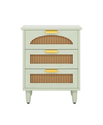 Rattan Nightstand, Mint Green 3-Drawer Bedside Table, Wooden End Table for Bedroom, Living Room