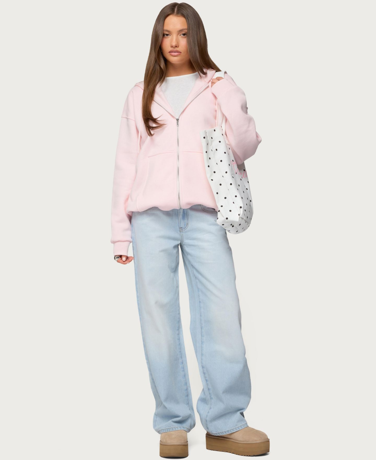 Женское худи Edikted Rocia Oversized Zip Up, цвет: Светлый розовый — фото 4