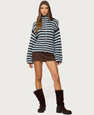 Women's High Neck Striped Zip Up Sweater